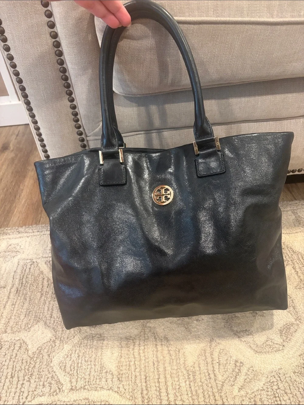 Tory Burch Black Leather Tote with Gold Emblem